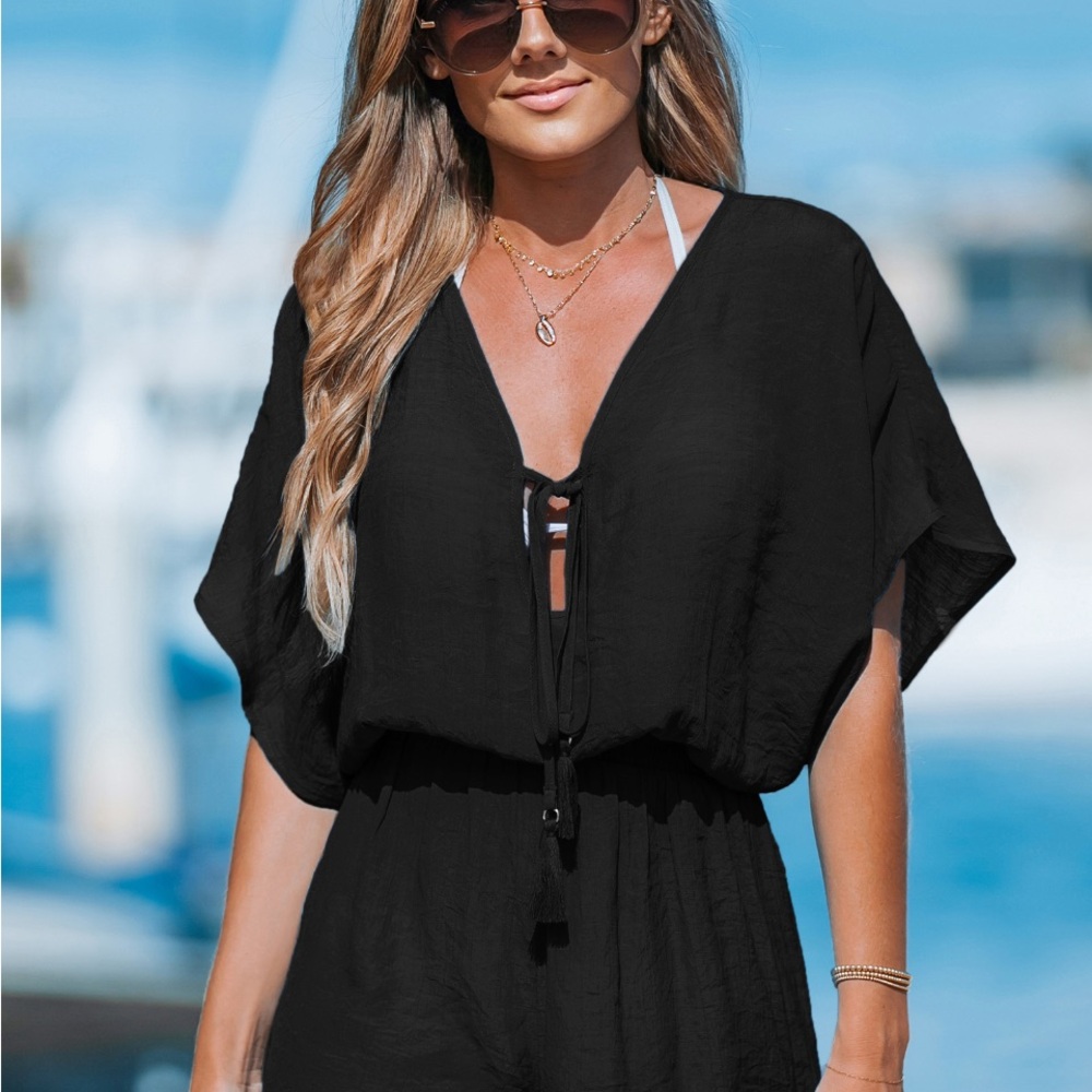 Black Plunging Tassel Tie Cover-Up Romper